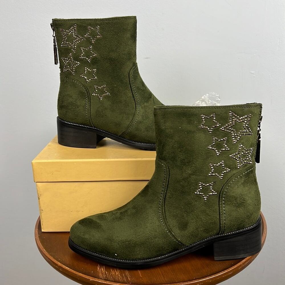 Azura Rikki Olive Green new star embroidered microsuede bootie studded stars